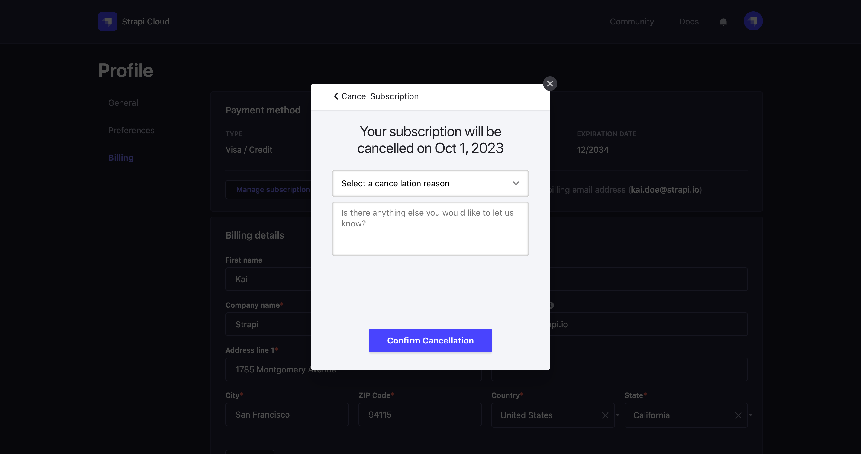 Subscription cancellation modal